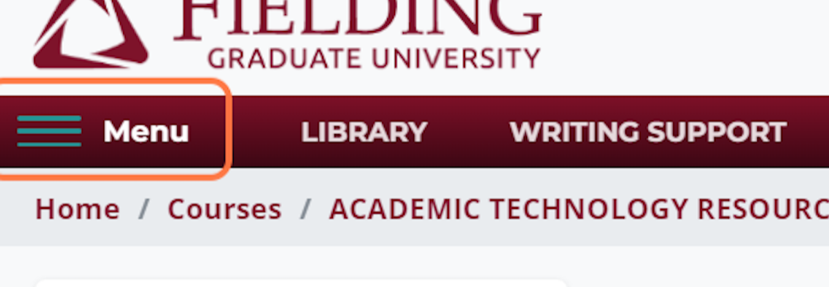 Go to the main page of your course in Moodle. Open the Moodle main menu panel by clicking on the Menu link on the left side of the menu bar.